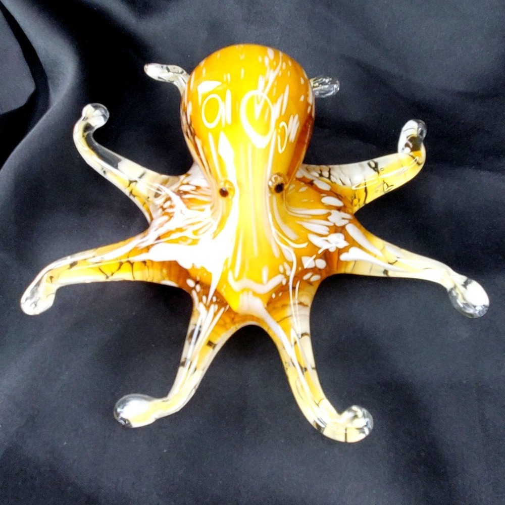 Handmade Yellow & White Glass Octopus Figurine Art Sculpture 8" Paperweight